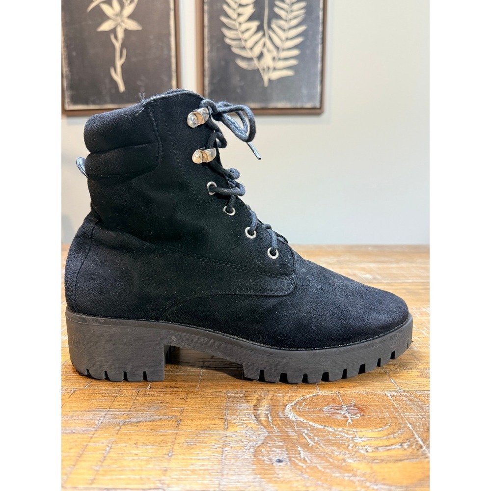 Blue Label Womens Black‎ Faux Suede Lace Up Side Zip Lug Sole Combat Boots 7.5